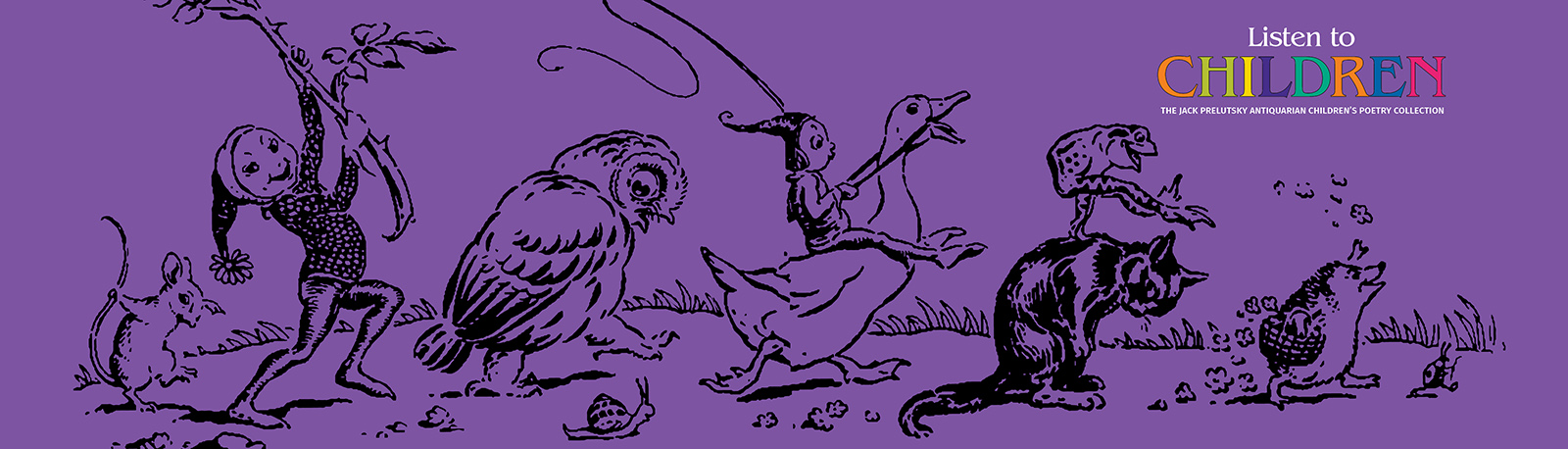 hand-drawn creatures including goose, owl, mouse, frog, cat, parading across a field.