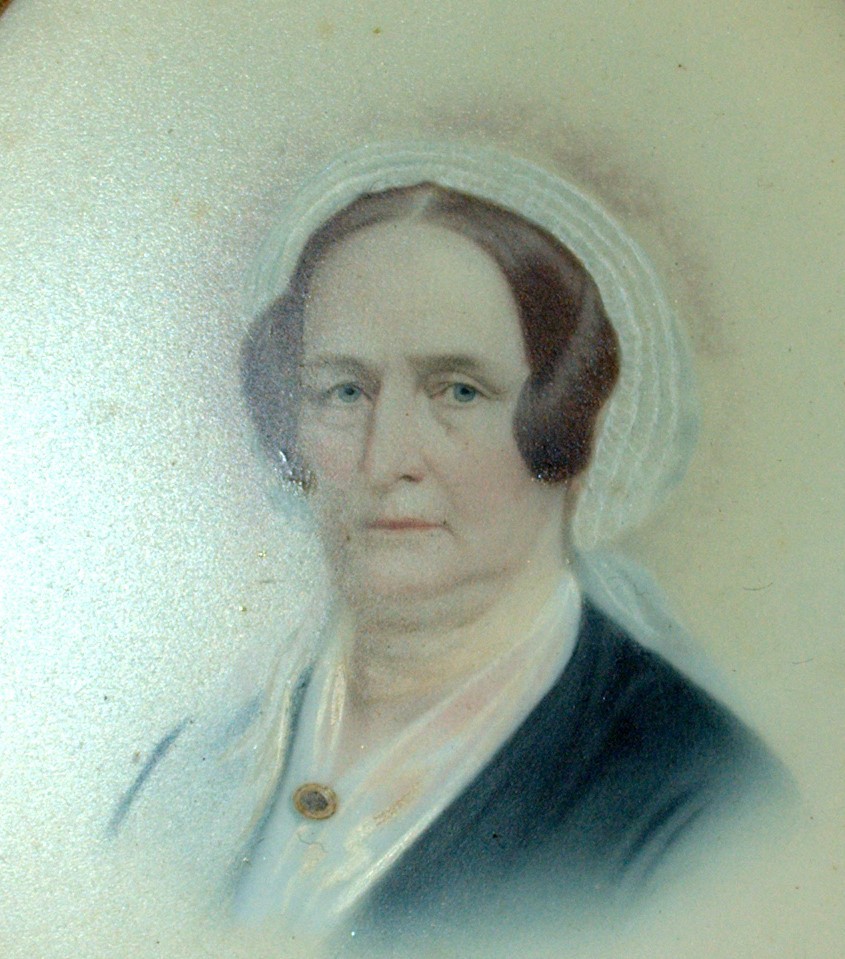 A painting of Catherine Hookey Drexel wearing a black dress with a white hat.