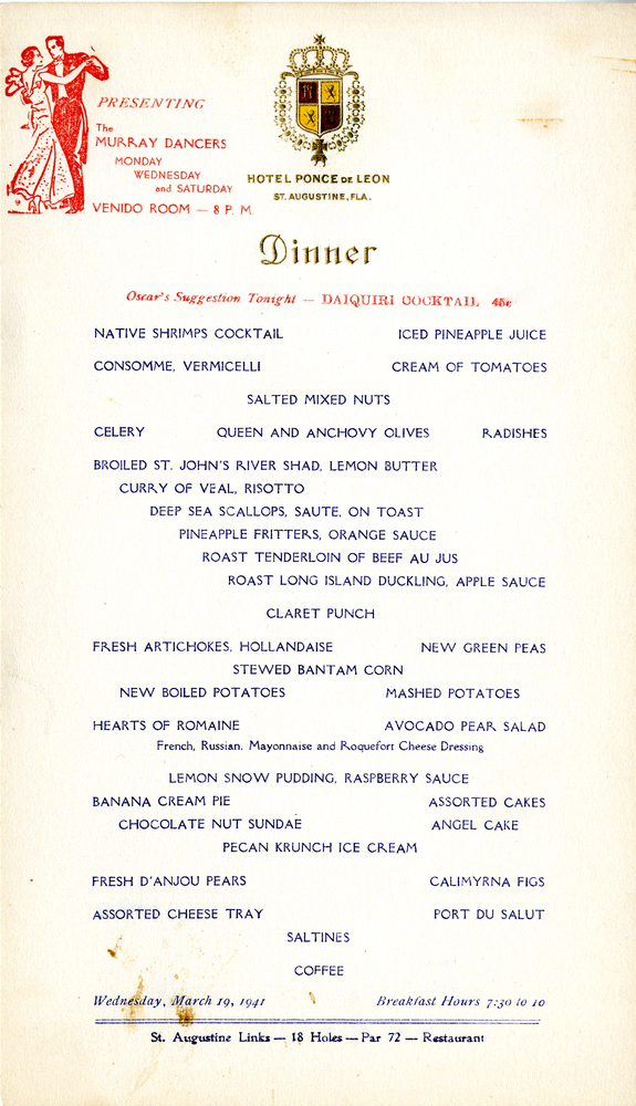 Copy of a 1941 menu from the Hotel Ponce de Leon.