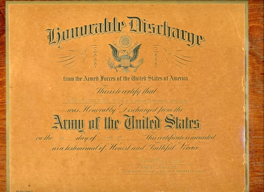 Yellowed discharge paper in black type for Rudolph Israel.