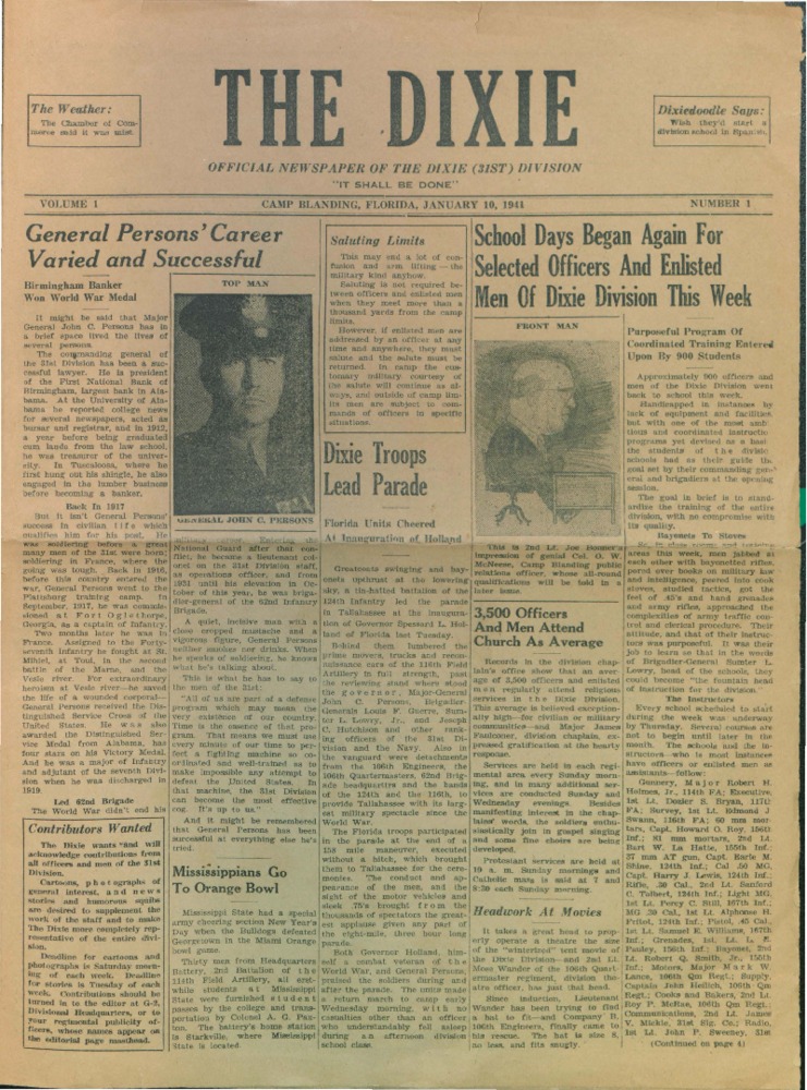 PDF of a yellowed newspaper in black type from a Division stationed at Camp Blanding, contains a mix of articles and photographs.