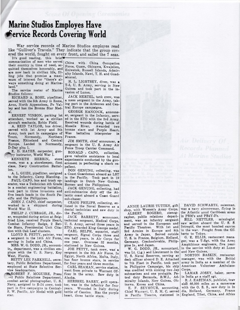 Photocopy of a newspaper article about the Marineland employees who served in WWII.