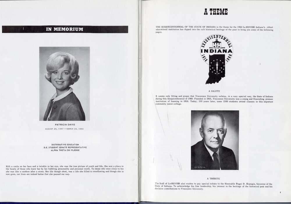 1966 Yearbook, In Memoriam, Indiana Sesquicentennial.