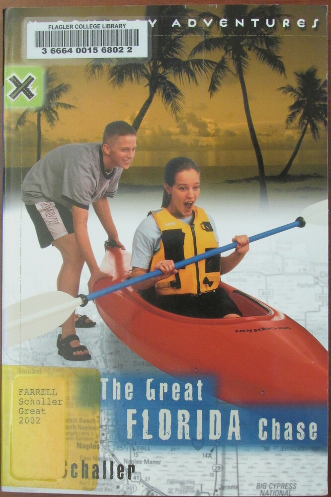 This book is titled "The Great Florida Chase" written by Bob Schaller. The cover features two young adults, one young woman sitting in a red kayak holding her paddle and a young man behind her pushing her kayak.. The young woman has a look of awe on her face while the young man smiles. Instead of water, her kayak is on a black and white map of Florida. Behind the people is a view of water, palm trees, and the sky.