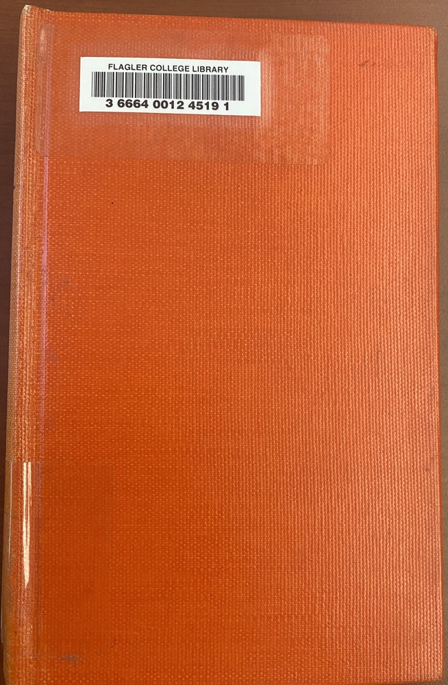 This book is entitled "Spanish Bayonet" and was written by Stephen Vincent Benet. The cover was redone by Flagler College, and is now bound with orange, buckram fabric. There is no text or decoration on the cover.