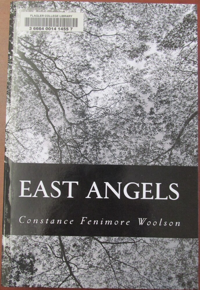 This book is titled "East Angels: A Novel" by Constance Fenimore Woolson. The cover of the book is a photograph of trees taking from below, looking up at the branches and leaves. There is a black banner about two-third of the way down the book cover that includes the title of the book and the author.