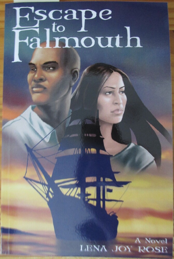 This book is titled "Escape to Falmouth" by Lena Joy Rose. The book cover depicts two figures: a man on the left with a shaved head and a button down shirt, and a woman on the right with long brown hair. Both figures look out to the distance. Underneath them, there is a silhouette of a large ship. The background of the book cover is a colorful sunset on the water.