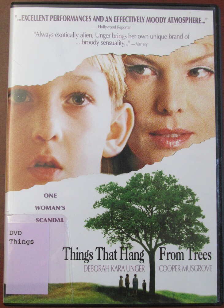 This book is titled "Things that Hang from Trees" by T.A. Louis. The cover includes an image of a little boy on the right and a woman on the left. The woman looks to the left at the little boy. Under the image of the boy and the woman, there is the headline, "One Woman's Scandal." The cover also includes an image of a growing tree with four people standing beneath it.