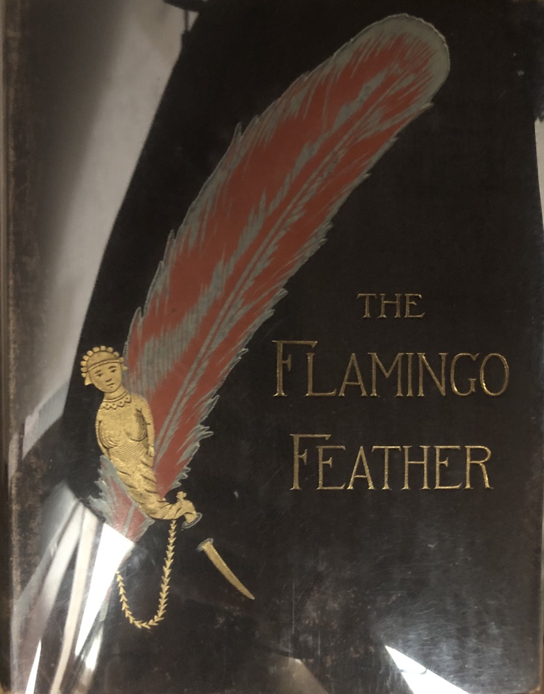 This book is titled "The Flamingo Feather" by Kirk Munroe. The book cover includes a large feather with red and gray coloring. At the base of the father is a golden figure that appears to be a Native American person in traditional dress.