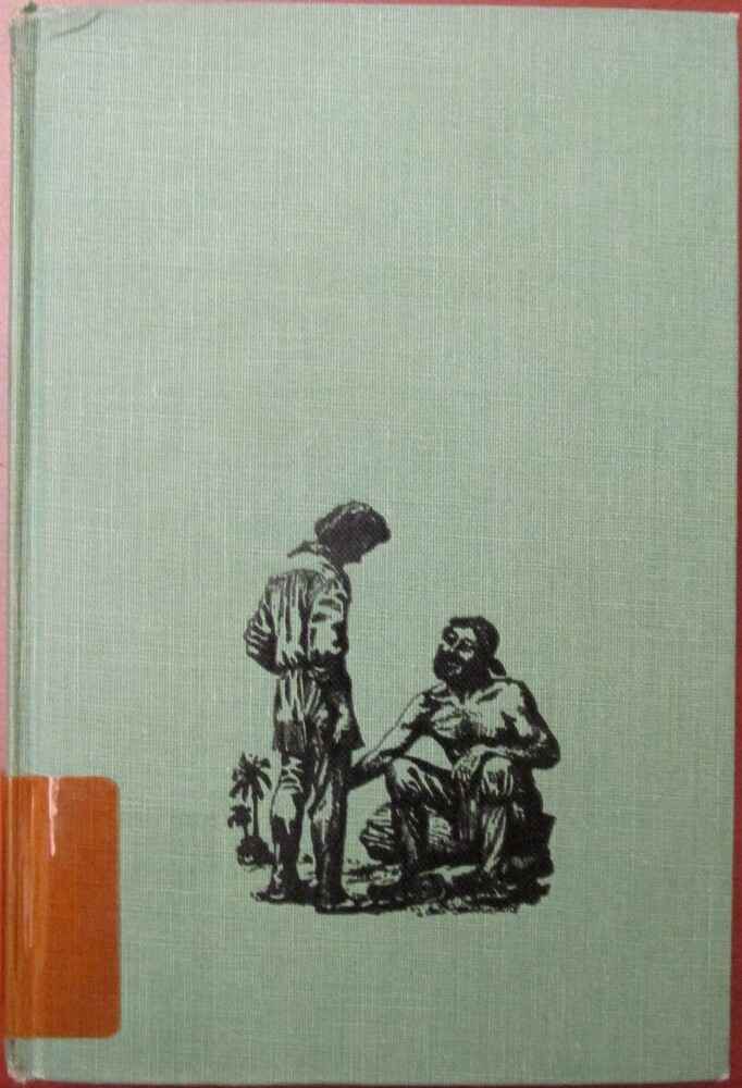 This book is titled "White Moccasins" by Louis Capron. The book is bound in green fabric. The book cover includes a print of two men. The man on the right sits while the man on the left looks down at him. There are palm trees in the background.