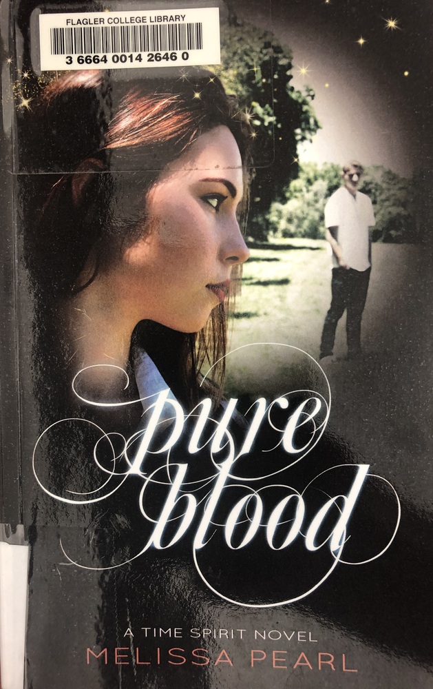 This book is titled "Pure Blood: A Time Spirit Novel" written by Melissa Pearl. The cover features the side profile of a young woman with brown hair. She is looking to a young blonde man. He is wearing a white button up shirt and black pants and stands outside on a path surrounded by trees. The title is written in white cursive.