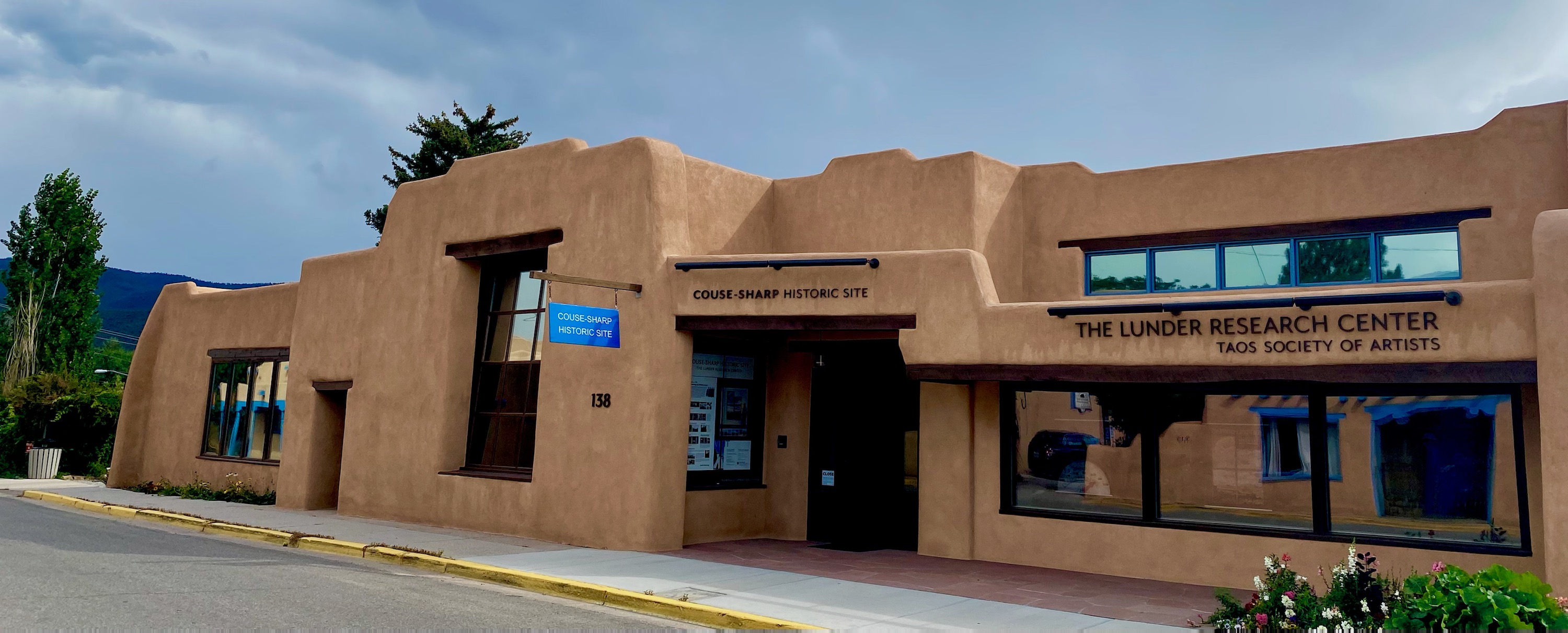 The front facade of the Lunder Research Center at the Couse-Sharp Historic Site in Taos, New Mexico.