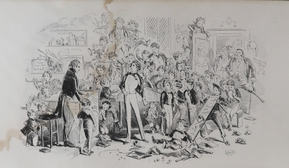 A black and white illustration from a book. The page shows age markings. A boisterous classroom full of more than forty boys in identical dress and with similar haircuts. A stern, slender man stands behind the raised teacher's desk at the front left leaving his stool vacant. A young man who appears older than all the other boys stands in the centre of the chaotic classroom, adopting a proud pose. Two large men are entering the scene from a door on the right. At the front a boy has lifted his bench to slide another boy onto the floor. Books, marbles and other items litter the floor.