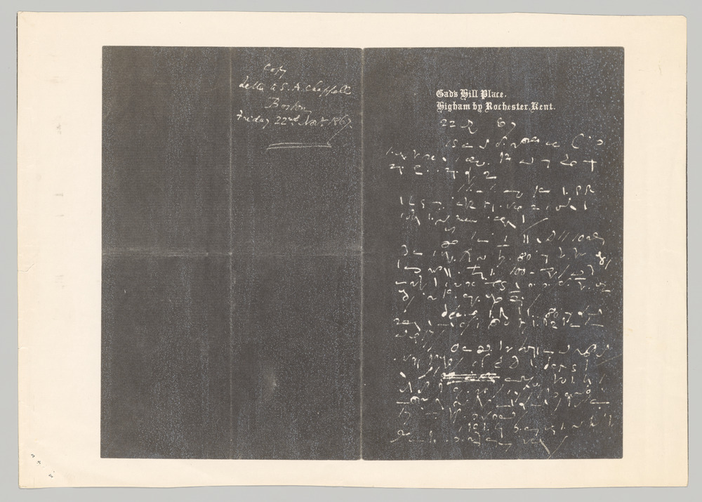 A photostat of both sides of a letter, side-by-side. On the right, a letterhead in Gothic font reads 'Gad's Hill Place, Higham by Rochester, Kent'. This is followed by a date (the month in shorthand) and 22 lines of shorthand arranged in six paragraphs. On the left is an inscription in longhand: 'Copy. Letter to S. A. Chappell. Boston. Friday 22nd November 1867.'
