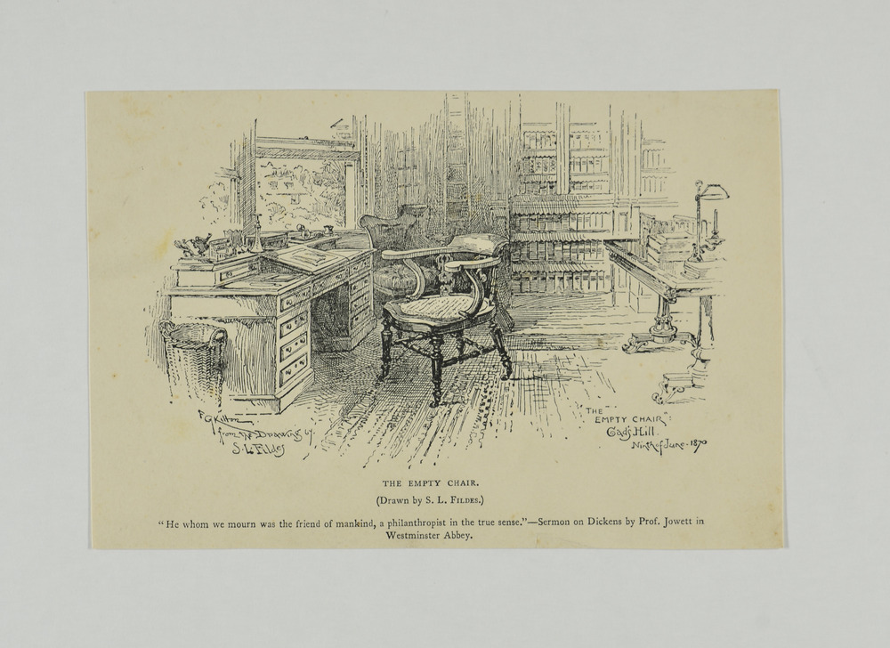 A print of a drawing of an empty wooden chair in the centre of a room. The chair stands behind a large desk with a writing slope, ink-well, letter rack, papers and pen. The desk is set in a bay window to the left. To the right stands another table laden with books and a lamp. The back of the drawing shows library-style shelves, a ladder and a low comfortable chair. In the right hand bottom corner of the drawing is written, in decorative handwriting, the title and date. The reproduction artist's signature is in the bottom left with credit to the original artist. Printed below is the title, artist name, and a quote which reads 'He whom we mourn was the friend of mankind, a philanthropist in the true sense'- Sermon on Dickens by Prof. Jowett in Westminster Abbey.