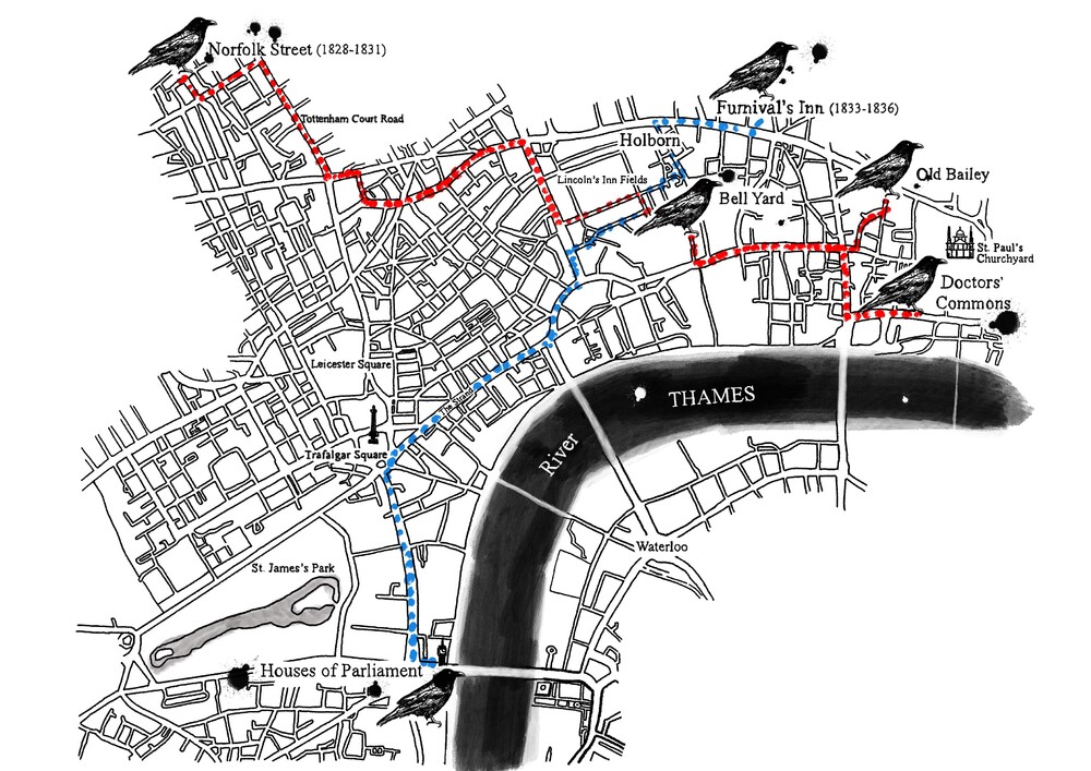 A black and white graphic map with two coloured route lines. A thick line indicates the River Thames curving across the right hand corner. Black images of ravens mark Norfolk Street in the top left and the Houses of Parliament in the bottom centre next to the Thames. In the top right of the map, ravens mark Furnival's Inn, the Old Bailey, Bell Yard and Doctors' Commons. A red dotted line marks a route from Norfolk Street to the Old Bailey and Doctors Commons. A blue dotted line marks a route from Furnival's Inn to the Houses of Parliament.
