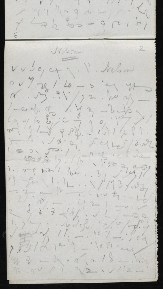 Nineteen lines of Brachygraphy shorthand characters written in pencil fill the page of a notebook with 'Nelson' written in longhand at the top. In the top right corner is the number two, indicating the page number. The word 'Nelson' in longhand also appears in the first line.
