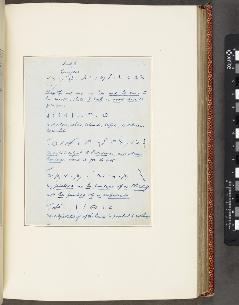 A sheet of paper mounted in a large book. Five lines of Brachygraphy shorthand characters are handwritten in blue ink with annotations in between. Some words and phrases in the annotated explanations of the characters are underlined.