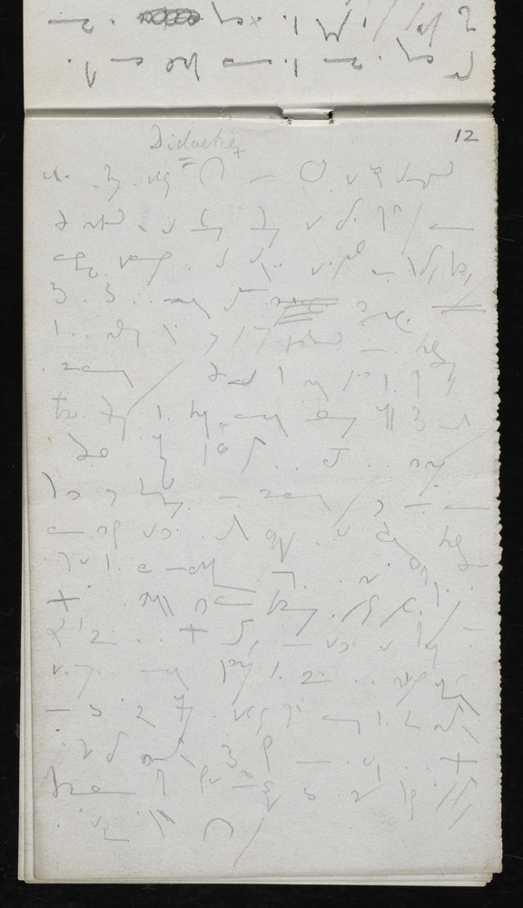 Eighteen lines of Brachygraphy shorthand characters written in pencil fill the page of a notebook with 'Didactic' written in longhand at the top. In the top right corner is the number twelve, indicating the page number.