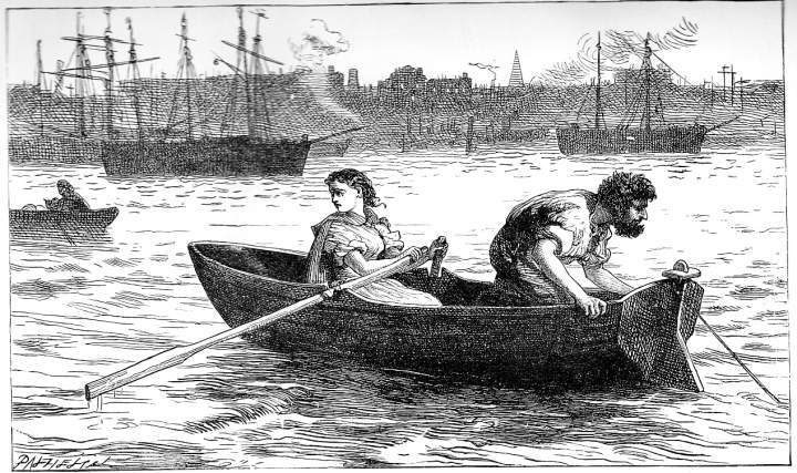 A black and white illustration. In the foreground a small wooden rowing boat is being rowed by a young woman with dark hair blowing in the wind. She wears a simple dress and a cloak and is looking over her shoulder as she raises the oars out of the water. A man is at the back of the boat crouched with one hand on each side. He has a dark grizzly beard and hair. He is dressed in a shirt with the sleeves rolled up and trousers. In the background of the picture is a skyline of tall buildings and a church spire with tall ships in port in front. Another small rowing boat is coming in to frame from the left.