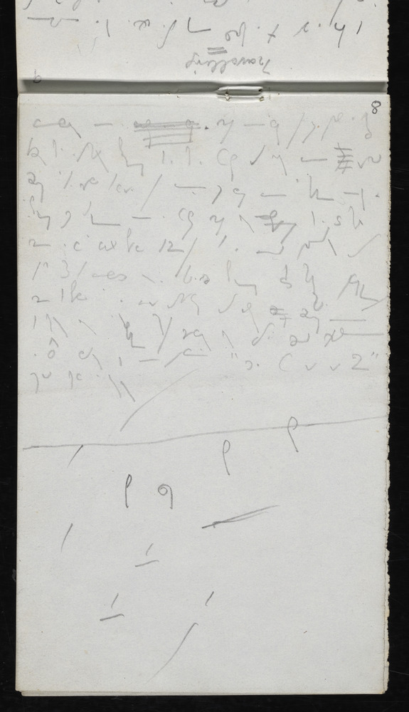 Ten lines of Brachygraphy shorthand characters written in pencil fill half of a notebook page. Underneath the tenth line is a long horizontal line, indicating the end of the exercise. Underneath this are a few scattered shorthand characters, some repeated. In the top right corner is the number eight, indicating the page number.