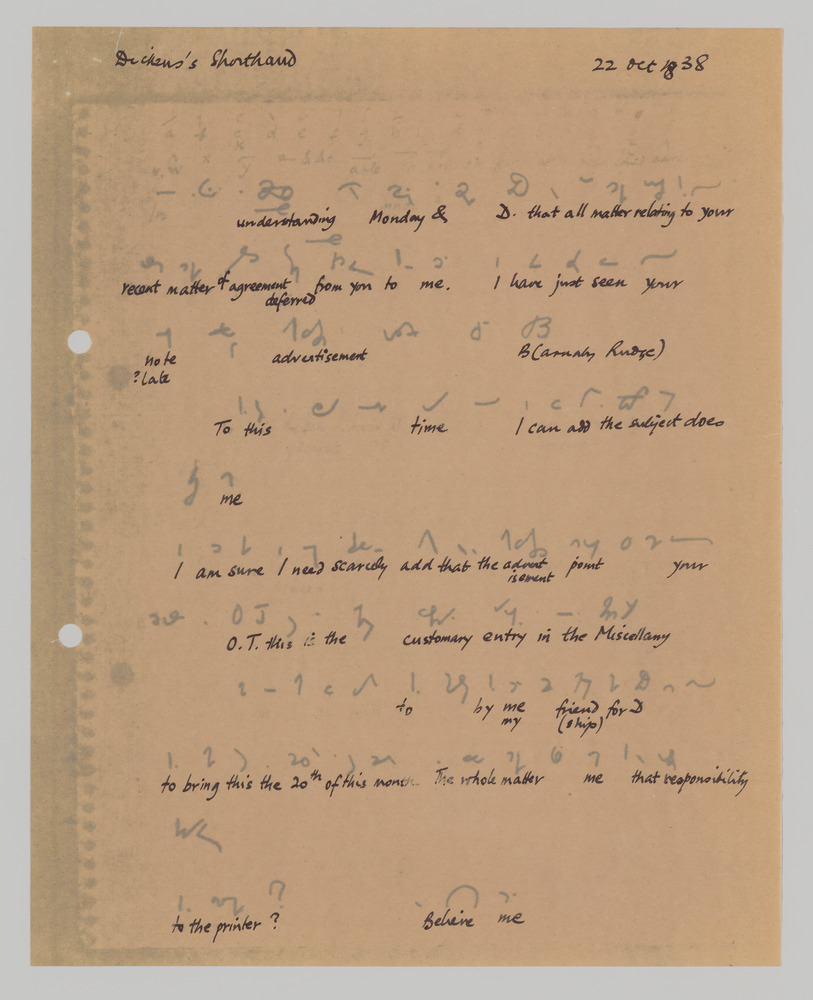 A brown sheet of tracing paper with holes punched down the left side. The outline of a smaller page torn from a notebook, also with holes punched down the left side, can be seen through the tracing paper. Written in black at the top is 'Dickens's Shorthand' and the date. 11 lines of shorthand characters in black ink are visible through the tracing paper. On top, written on the tracing paper layer, are potential transcriptions.
