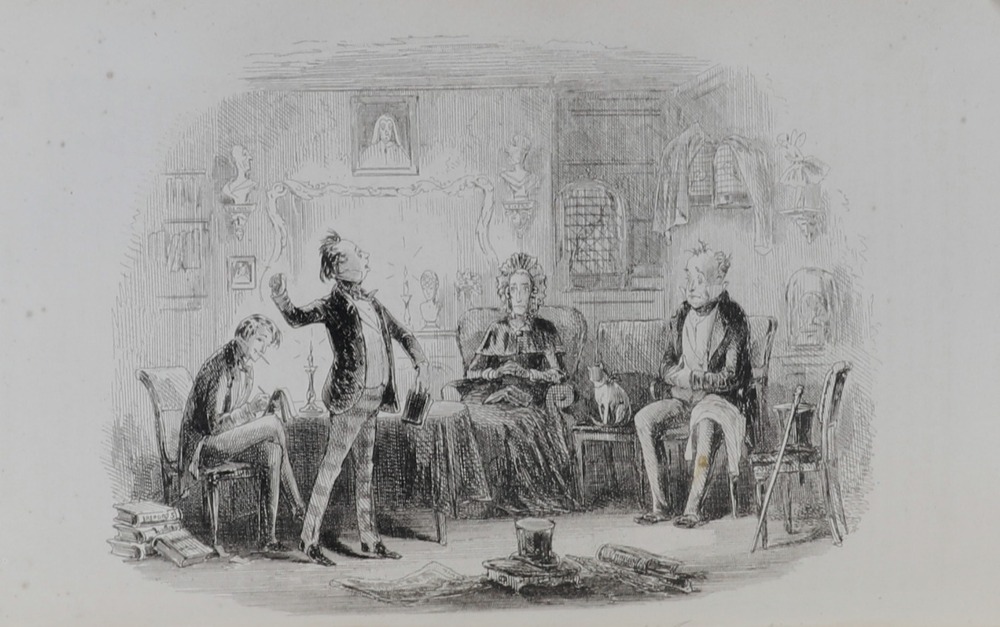 A black and white illustration on a book page. A room decorated with framed pictures, busts, and birdcages, lit by two candles. One candle sits on the mantlepiece and another on a table next to which, to the left of the illustration, is seated a young, smartly dressed man. He has a pencil in his mouth and is writing with another pencil in a notepad he holds in his hand. His legs are crossed and he leans toward the candle as if to work by its light. A pile of books are on the floor by his chair. Centrally seated is an older lady, her face framed by a frilled cap. Her hands are clasped together in her lap and an open book has been placed pages down on her knees. A cat occupies a chair to her right and then an older man is seated, hands clasped in a pointing motion, a cloth lying over one knee. A hat and cane are propped on another chair next to him. Another man with hair pulled up by the roots stands before the table, one arm raised emphatically, the other hand holding a book. One foot is leaving the ground as if the man is pacing. A pile of books and papers topped with a top hat are on the floor in the foreground of the illustration.