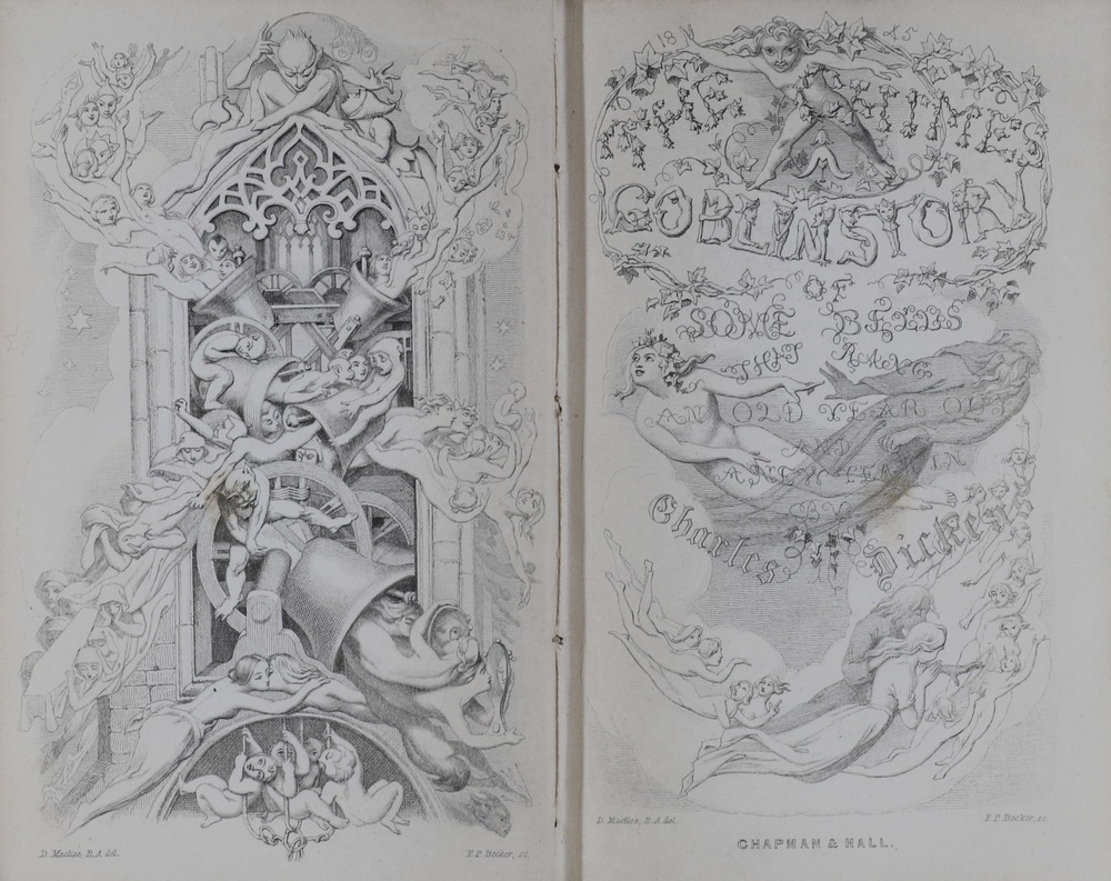 The double page spread of a book. On the right hand page illustrated writing reads 'The Chimes A Goblin Story'. The letters in 'The Chimes' are made up of tiny bell shapes. The letters of 'Goblin Story' are formed by illustrations of tiny Goblins. Ornamental writing, parts gothic in style, give the subtitle and author. The page is decorated with ivy and images of spirits floating across clouds. On the left page is an illustration of an ornamental stone bell tower. A goblin sits on top of the tower and spirits like naked young women rush from the five ringing bells. Another goblin sits on top of the largest of the bells. Four cherubim hold the bell ropes at the bottom of the illustration. Both pages have the artist's signature and the right has the publisher's name printed at the bottom.